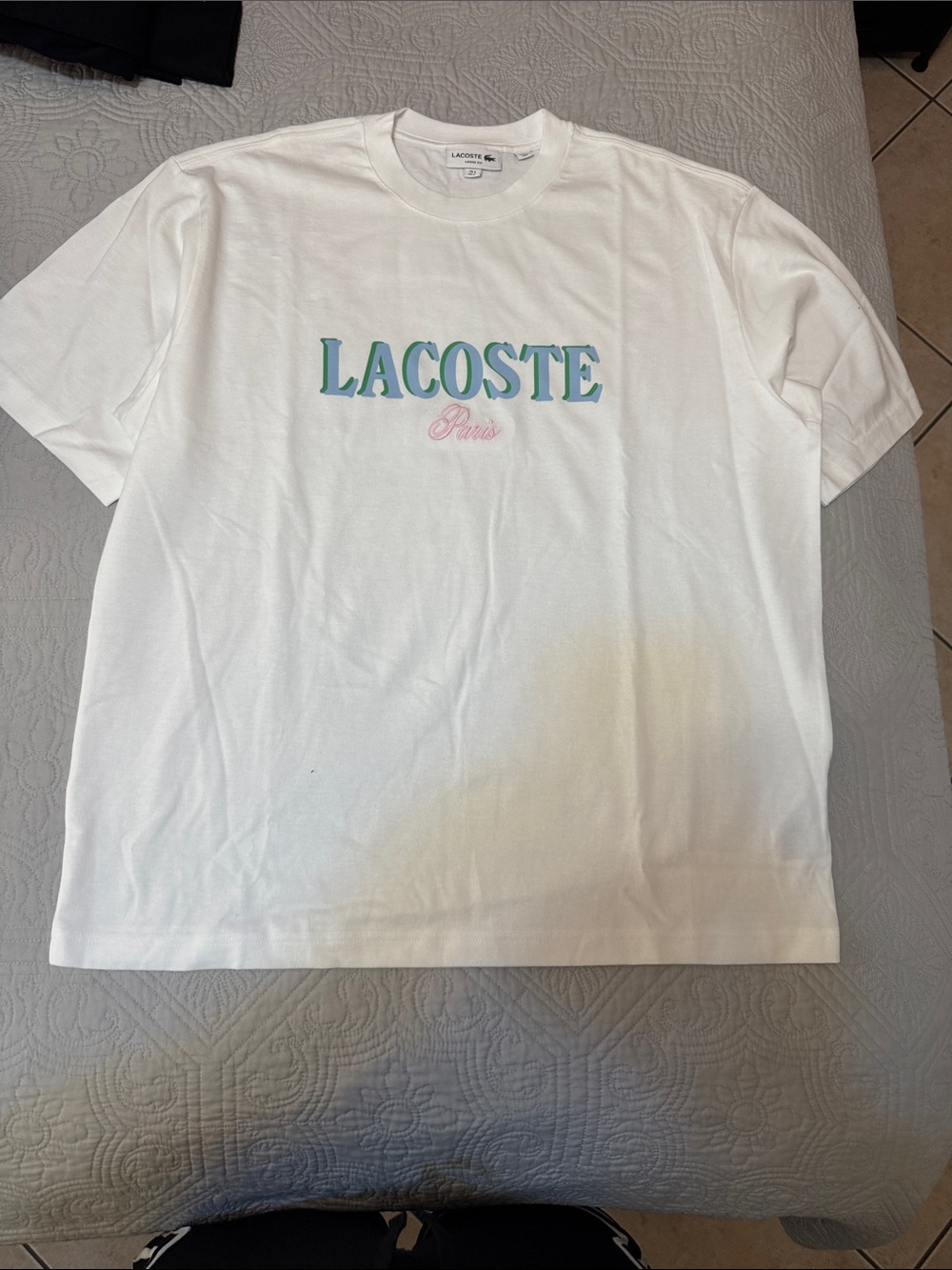 Lacoste White Tee with Aqua Logo and Pink Script
